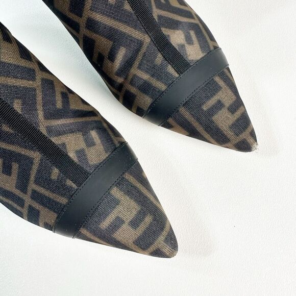 FENDI Colibri Mesh Leather Chelsea Booties Size 37.5 Brown Black FF Ankle Boots - Picture 4 of 15